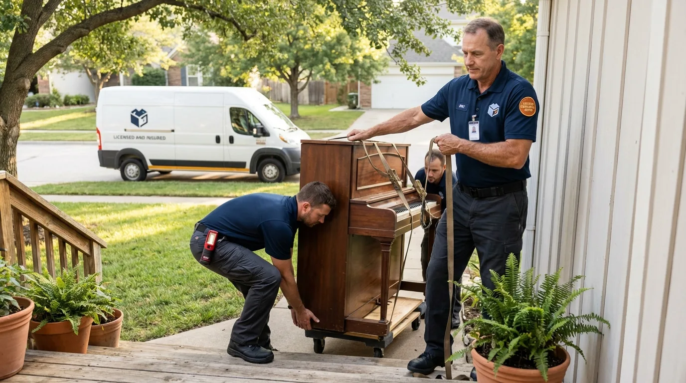 Licensed piano movers securing grand piano in Durham, NH