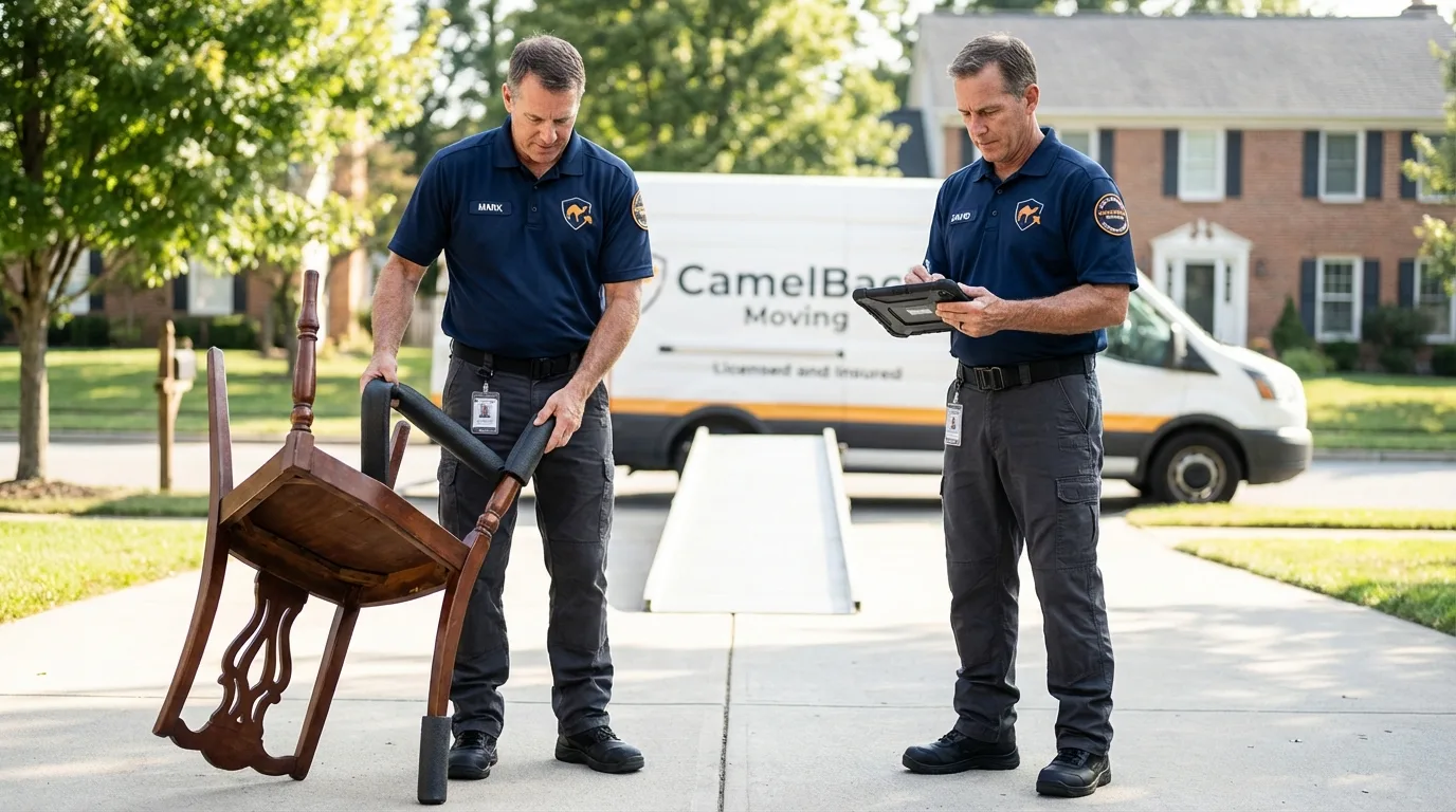 Movers inspecting furniture for damage prevention before loading in Durham, NH